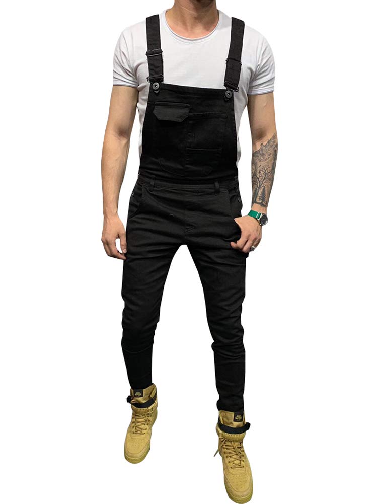 LONGBIDA Men's Denim Bib Overalls Fashion Slim Fit Jumpsuit with Pockets(Black,S) - Image 1